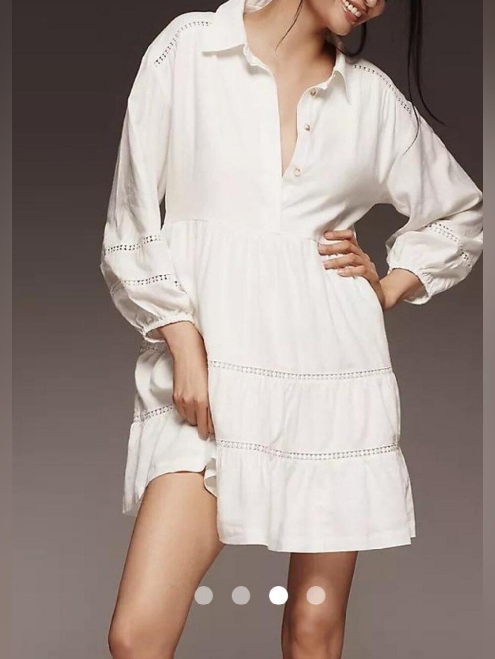 Maeve White Tiered V-Neck Mini Dress. Linen Blend. Sz. M. Boho Like New.